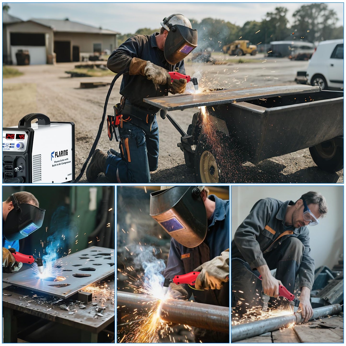 FLARING 240V Plasma Cutter With Built In Air Compressor 45A IGBT Inverter Digital Plasma Cutting Machine, 3/8 Inch Clean Cut And 5/8 Inch Max Cut High Frequency (No External Compressor Needed)