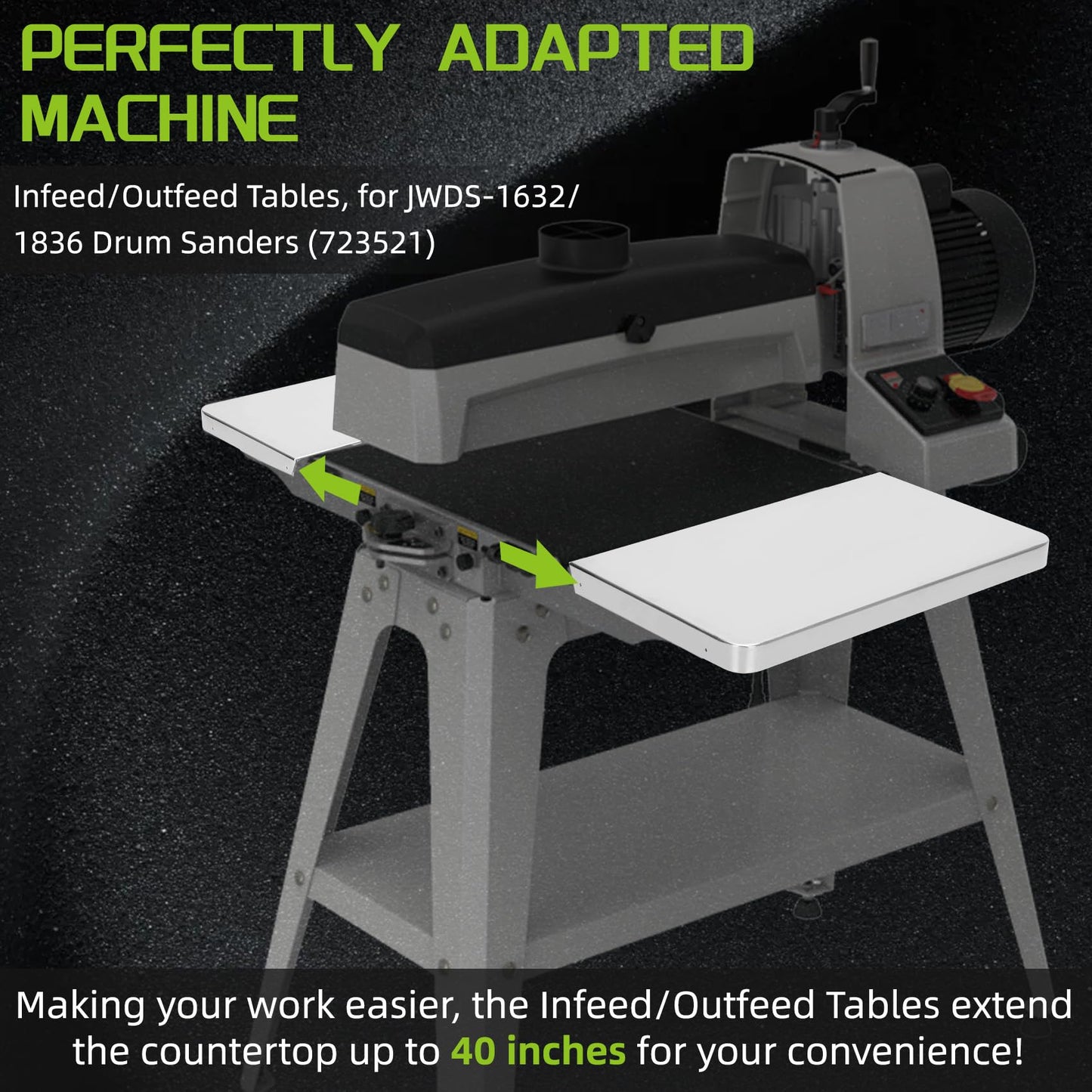 UPGRADED Feed/Outfeed Table Replacement 723521, Compatible with JWDS-1836, JWDS-1632 & JWDS-1632OSC Drum Sanders – 40" Work Surface, 65lb Capacity, Includes Hardware