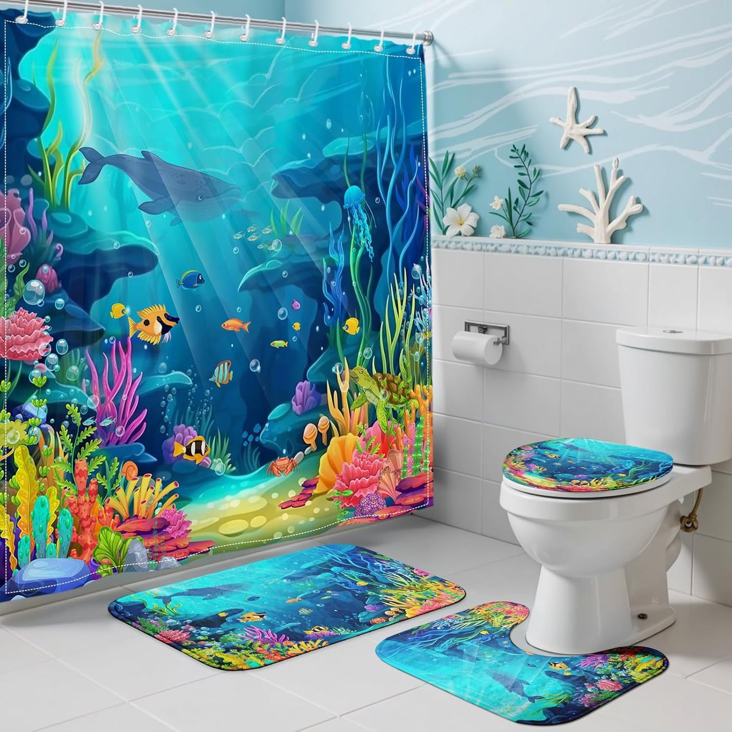 Skiennix 4-Piece Ocean Shower Curtain Set - Tropical Underwater Kids Decor with Non-Slip Bath Rugs & Toilet Lid Cover