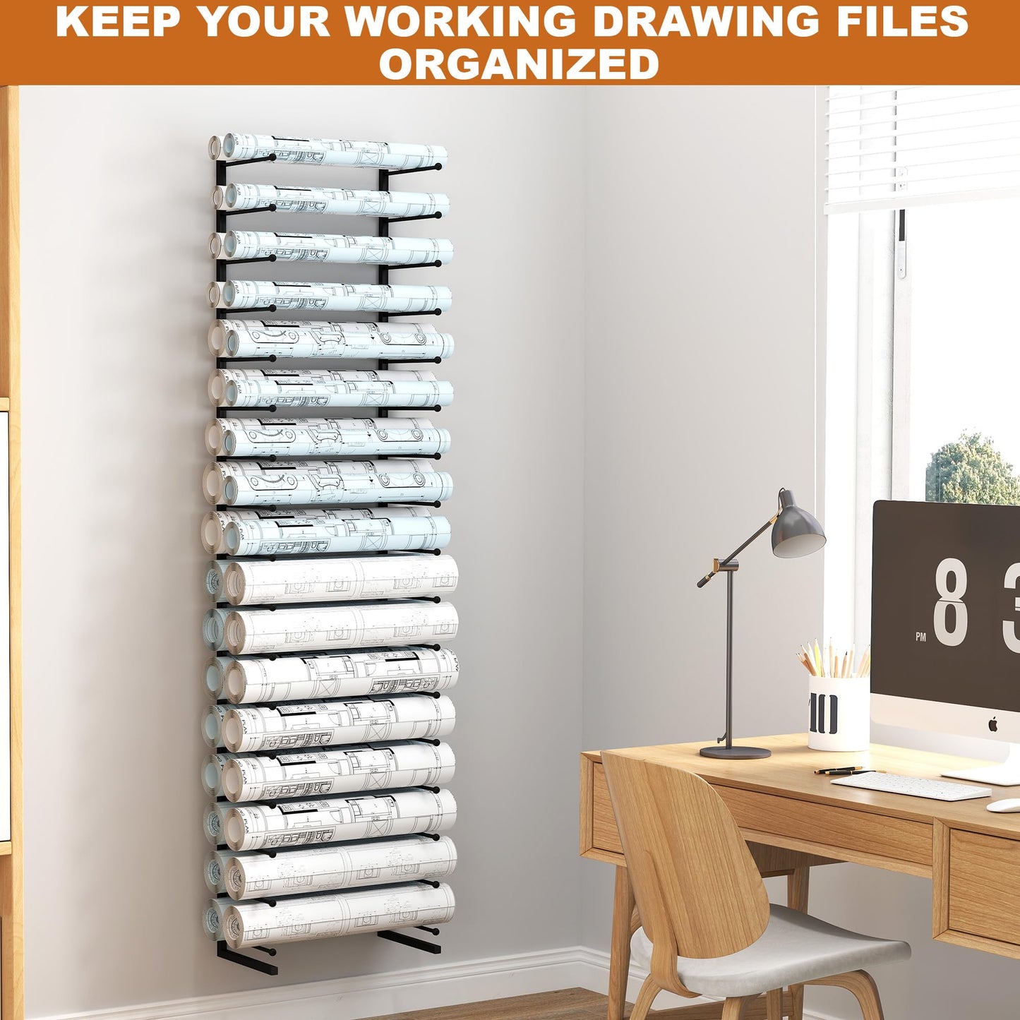 Large Blueprint Storage Rack, Wall Mount Vinyl Roll Storage Rack, Heavy Duty Roll File Holder, Blueprint, Poster, Plans, Gift Wrap, and Map Holder, Art Roll Paper Rack, Wrapping Paper Organizer