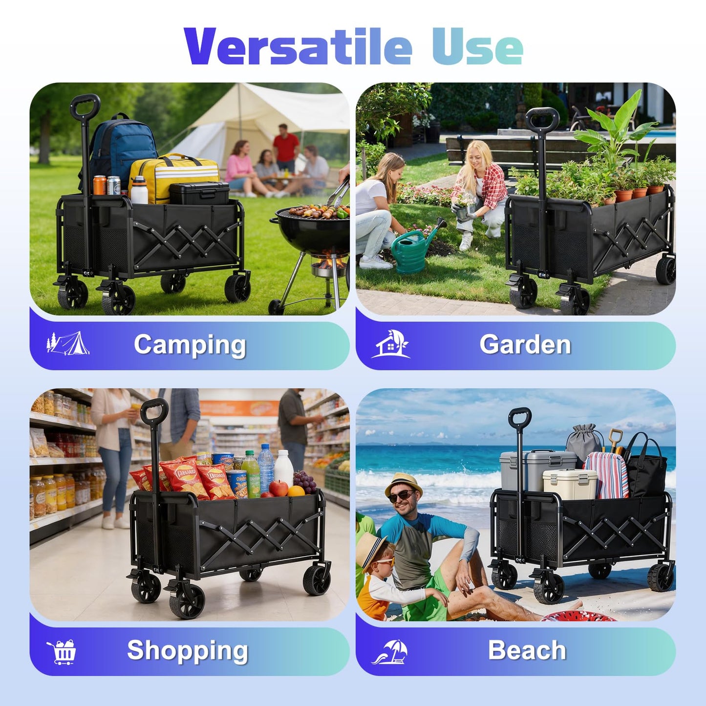 500LBS Collapsible Wagon Cart Foldable - 230L Large Heavy Duty Utility Cart with 360°Swivel Brake Wheels, Lightweight Collapsible Wagon for Groceries Camping & Beach