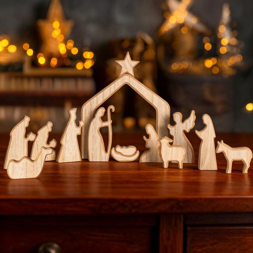 Nerosun Nativity Scene Set - 13-Piece Wooden Christmas Figurines | Minimalist Boho Manger Decor for Home