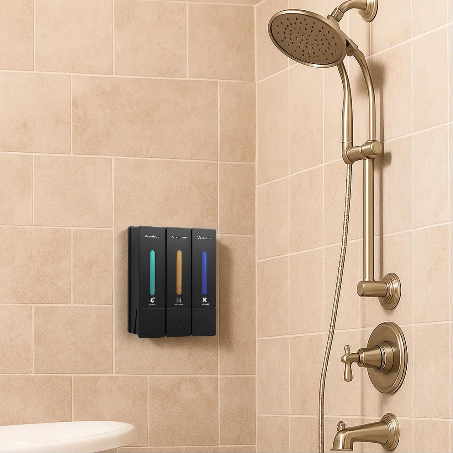 VrEnduuo Shampoo and Conditioner Dispenser,Shower Dispenser 3 Chamber No Drill,Shower Soap Dispenser Wall Mounted for Bathroom Hotel with Upgrade Pump Head,3 * 400ml(Black 3 Chamber)