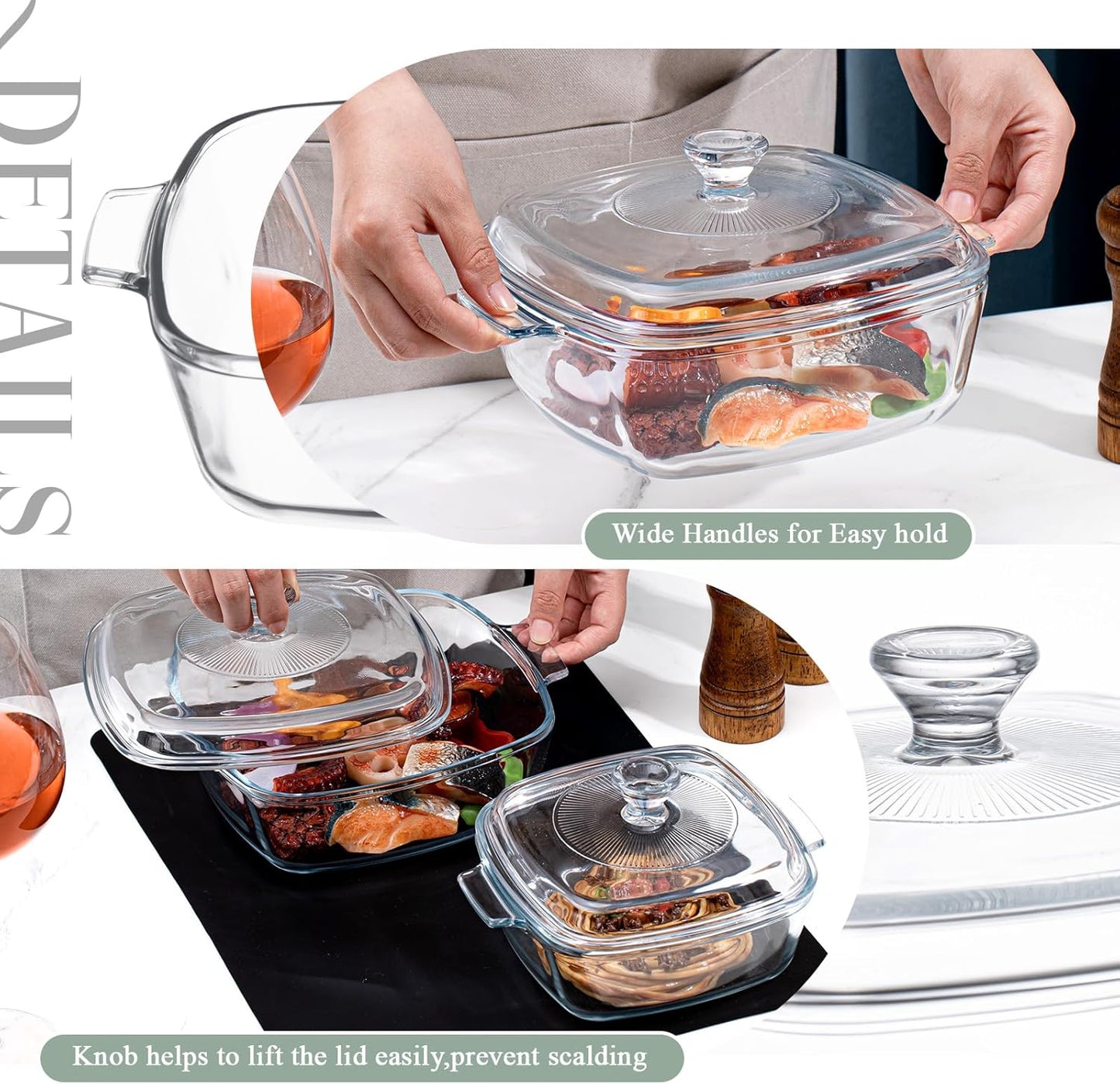 Teenyyou Glass Casserole Dish Set - 2 Pcs with Lid, Baking Gloves & Heat Resistant Mat | 1.5L & 0.8L
