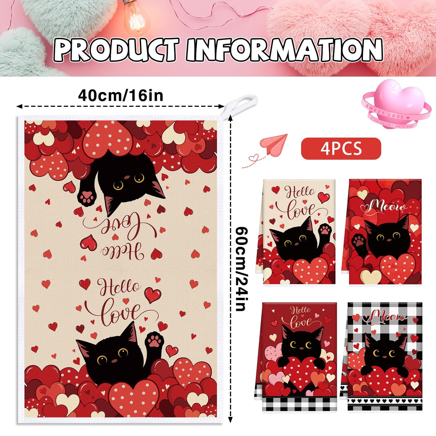 VISSTREE Valentines Day Kitchen Towels, 4 PCS Black Cat Red Heart Dish Towels, Absorbent Hello Love Dish Cloth Hand Towel for Kitchen Anniversary Wedding Valentines Decoration Housewarming Gifts