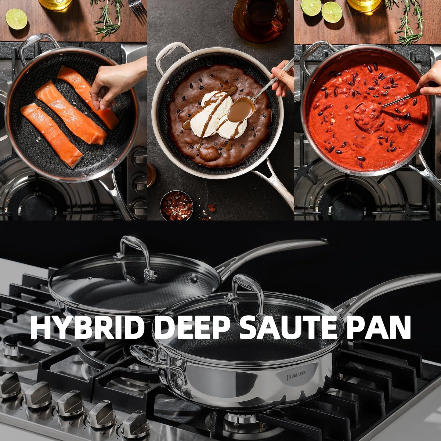 DELUXE Hybrid Ceramic Nonstick 3.7 Qt Deep Sauté Pan with Lid, Stainless Steel Skillet with Stay-Cool Handles, Dishwasher and Oven-Safe, PFOA Free Deep Frying Pan, Compatible with All Cooktops