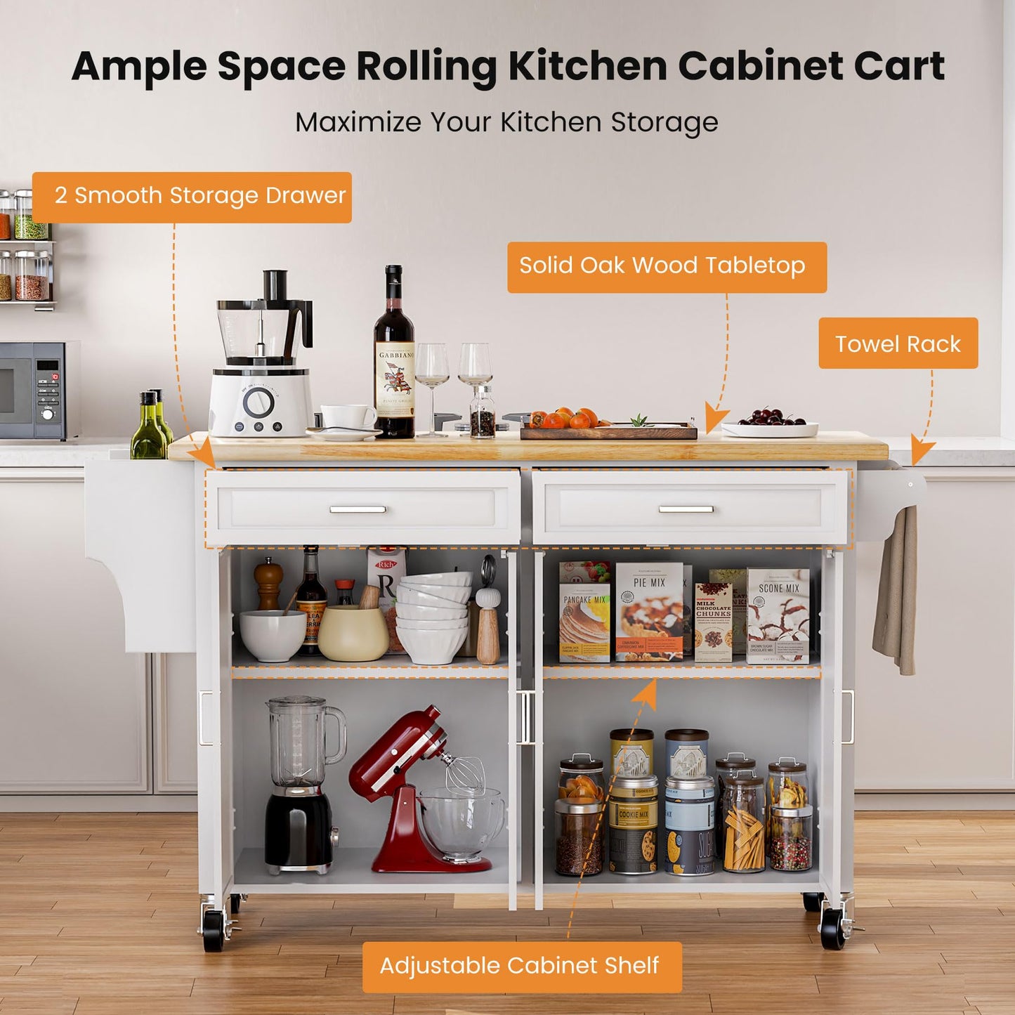 HiDSLiving Kitchen Island with Storage 54" Large Rolling Kitchen Island Cart On Wheels 2 Cabinets 2 Drawers,Spice Towl Rack Mobile Kitchen Table White (No Drop Leaf)