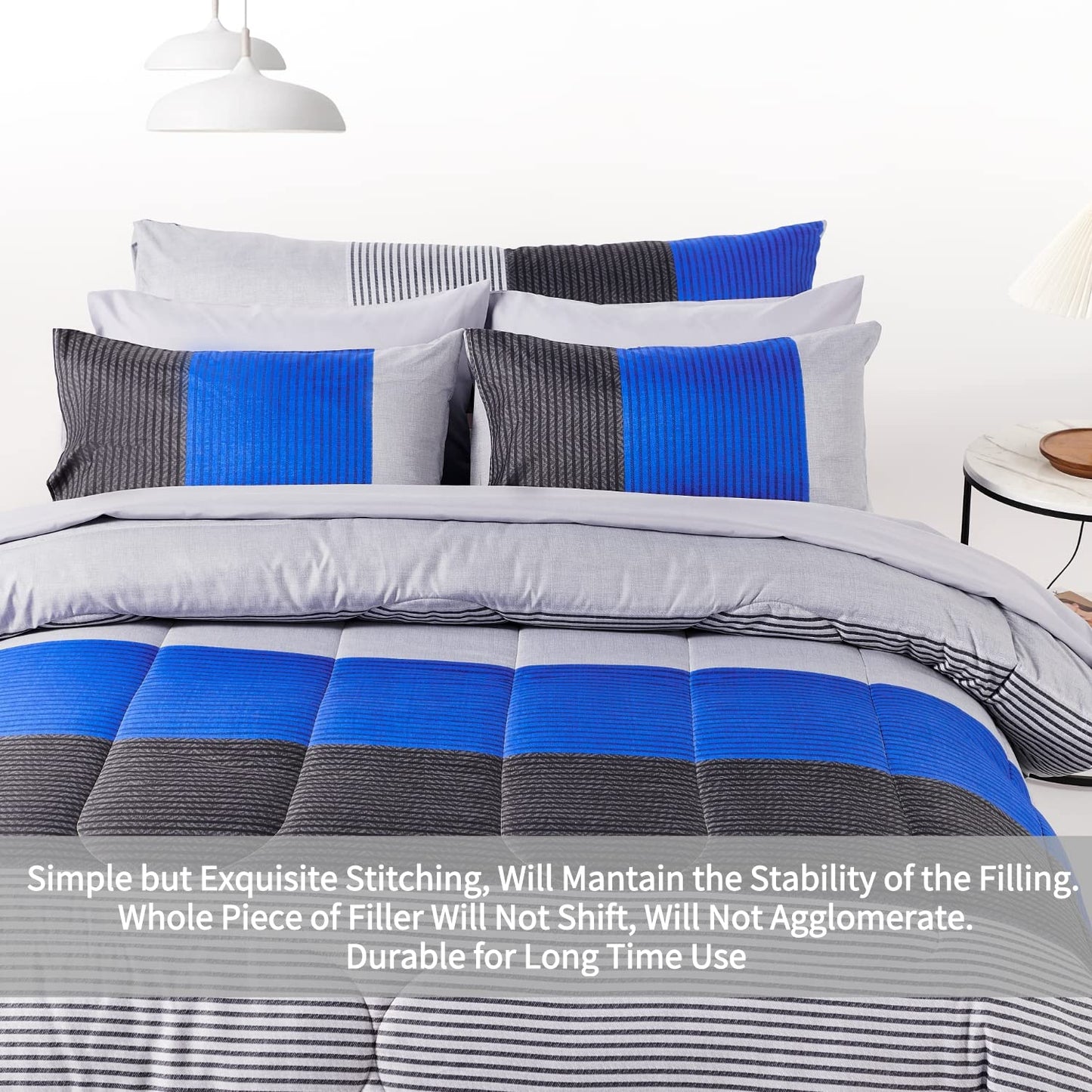 RYNGHIPY 8Pcs Blue and Grey Stripe Comforter Set Full Size, Ultra Soft Microfiber Filling Patchwork Comforter Duvet, Bed Sheets and Pillowcases (Full,Blue Grey)