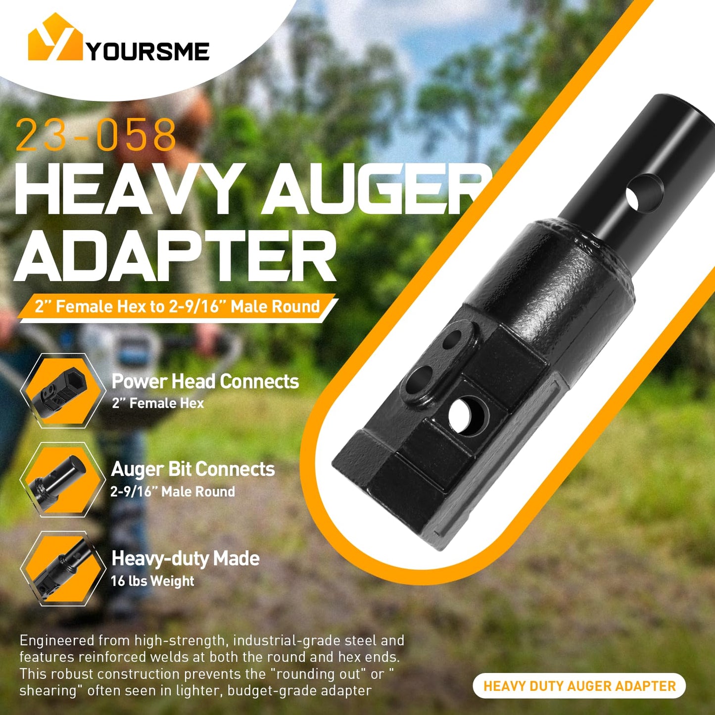 23-058 Heavy Duty Auger Adapter 2” Female Hex to 2-9/16” Male Round Auger Drive Adapter, Skid Steer Post Hole Digger Conversion Coupler, High-Strength Steel Auger Bit Adapter