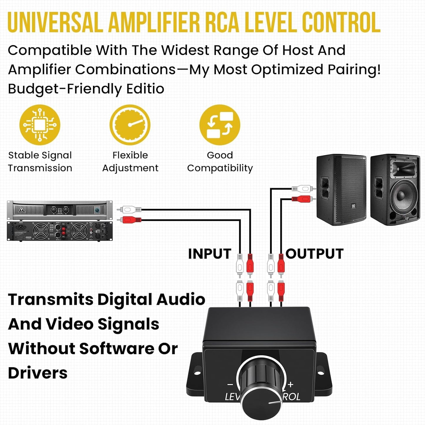 UBANU 3Pcs Universal RCA Level Controller with Audio Cables | Car Audio Bass Control Knob | RCA Stereo Cables |