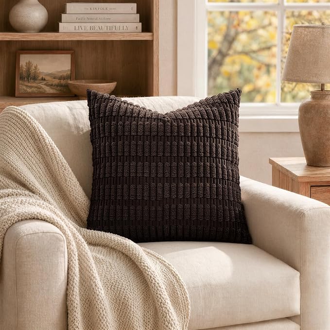 MIULEE Pack of 2 Corduroy Decorative Throw Pillow Covers 18x18 Inch Soft Boho Striped Pillow Covers Modern Farmhouse Home Decor for Sofa Living Room Couch Bed Dark Brown