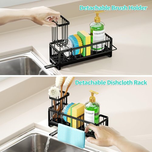 HapiRm Sponge Holder - Self-Draining Kitchen Sink Caddy with Brush & Dishcloth Holders | Stainless Steel - Black