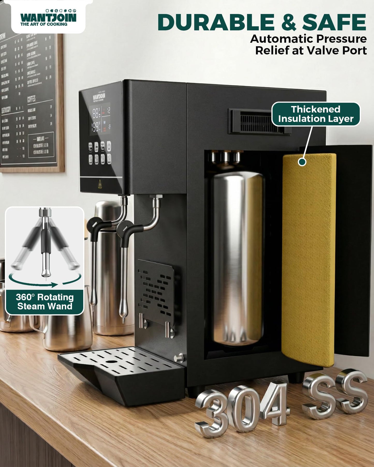 WantJoin Commercial Milk Frother & Beverage Heater - 2000W Multi-functional Milk Steamer Machine with LED Display Panel for Latte Cappuccino Coffee Milk Tea Foam & Hot Water Dispenser, Hotel Home Use