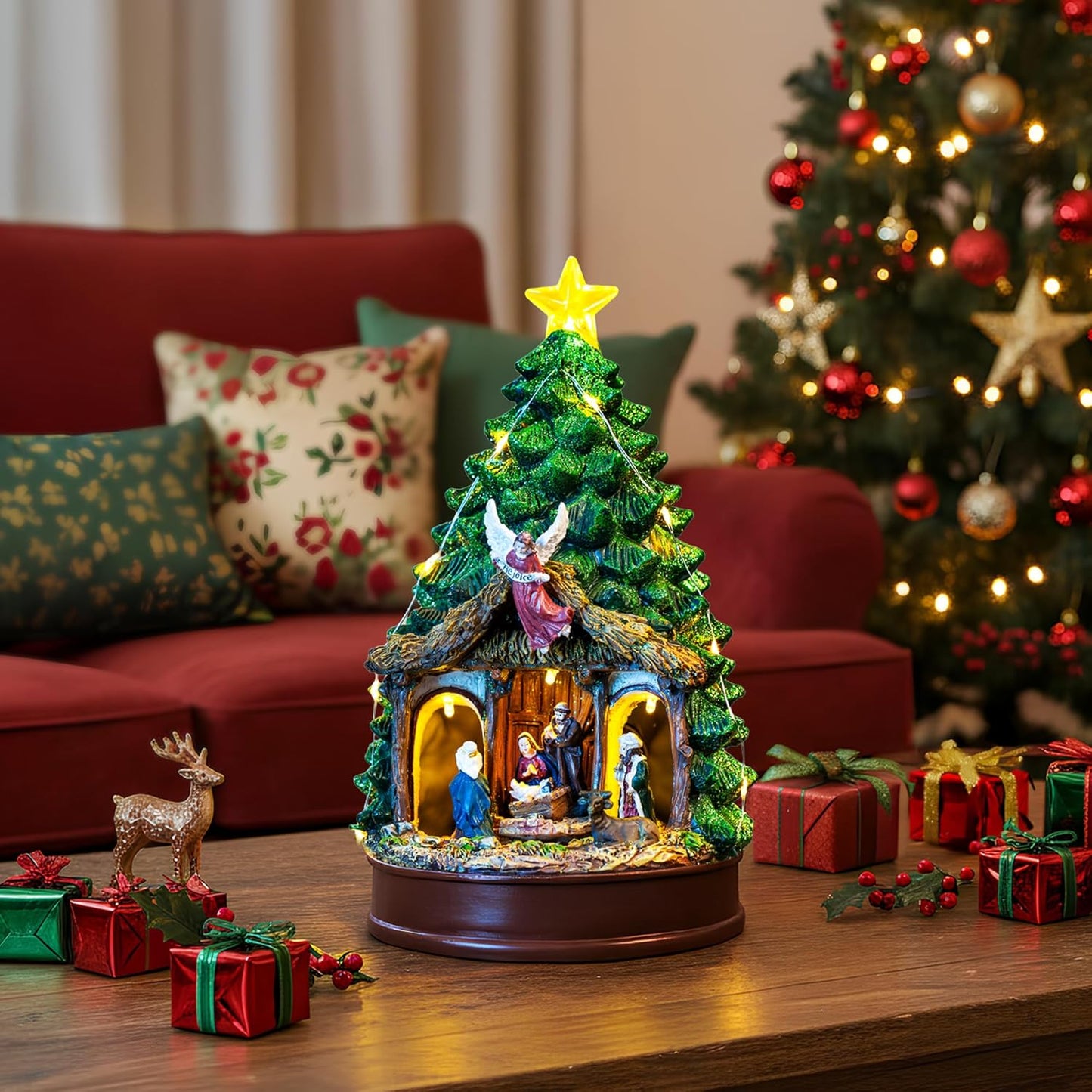 Regine Switzerland Christmas Tree Nativity Scene - Lighted Animated Angel Family Figurines | Musical LED Decor for Home