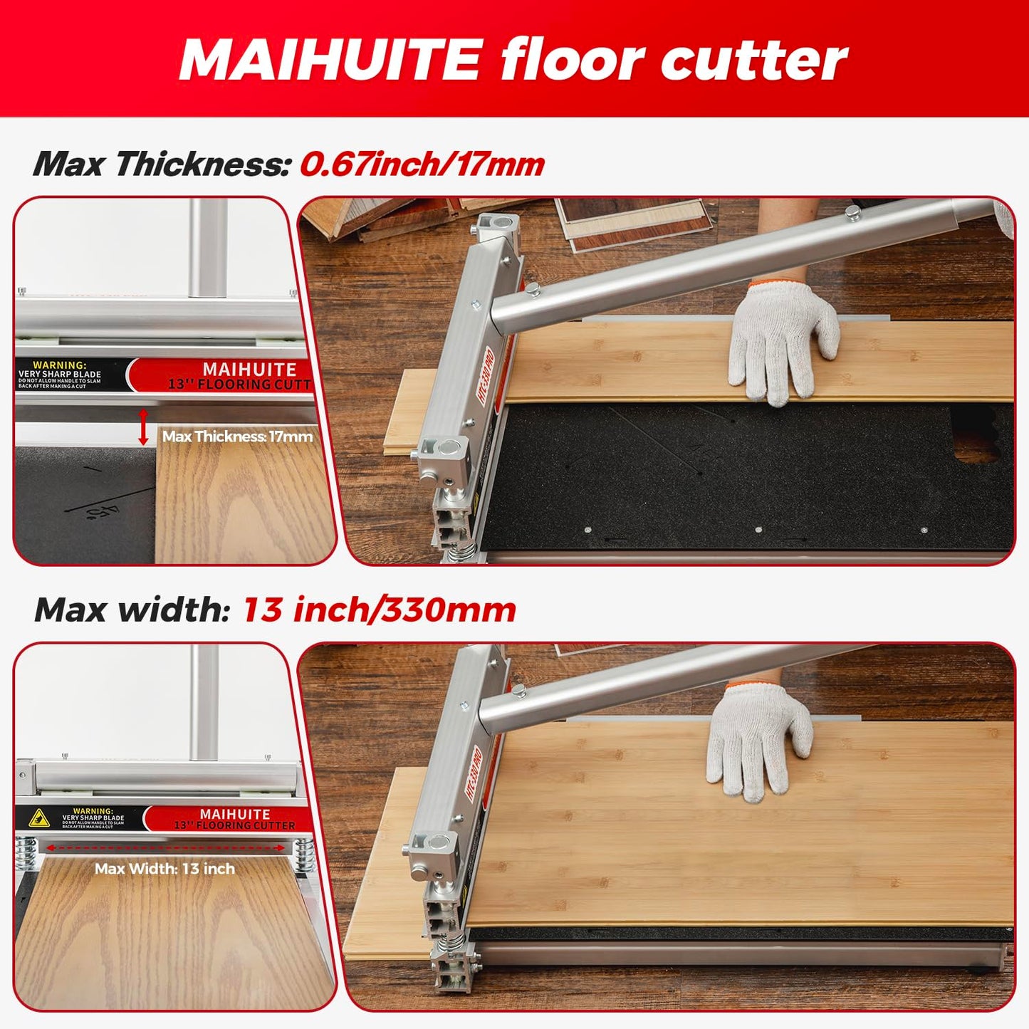 17mm Thick Upgrade Stability Heavy Laminate Floor Cutter,13" Professional Vinyl Flooring Cutter with 15° /30° /45°Adjustable Angle Settings,Cuts Laminate, LVP,LVT,SPC,Engineered Hardwood