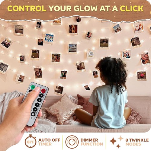 Mind-Glowing Photo Clips String Lights - Warm White Fairy Lights for Hanging Pictures | 50 LED, 16.4 ft - Perfect Teen Girl Room Decor & Birthday Gift