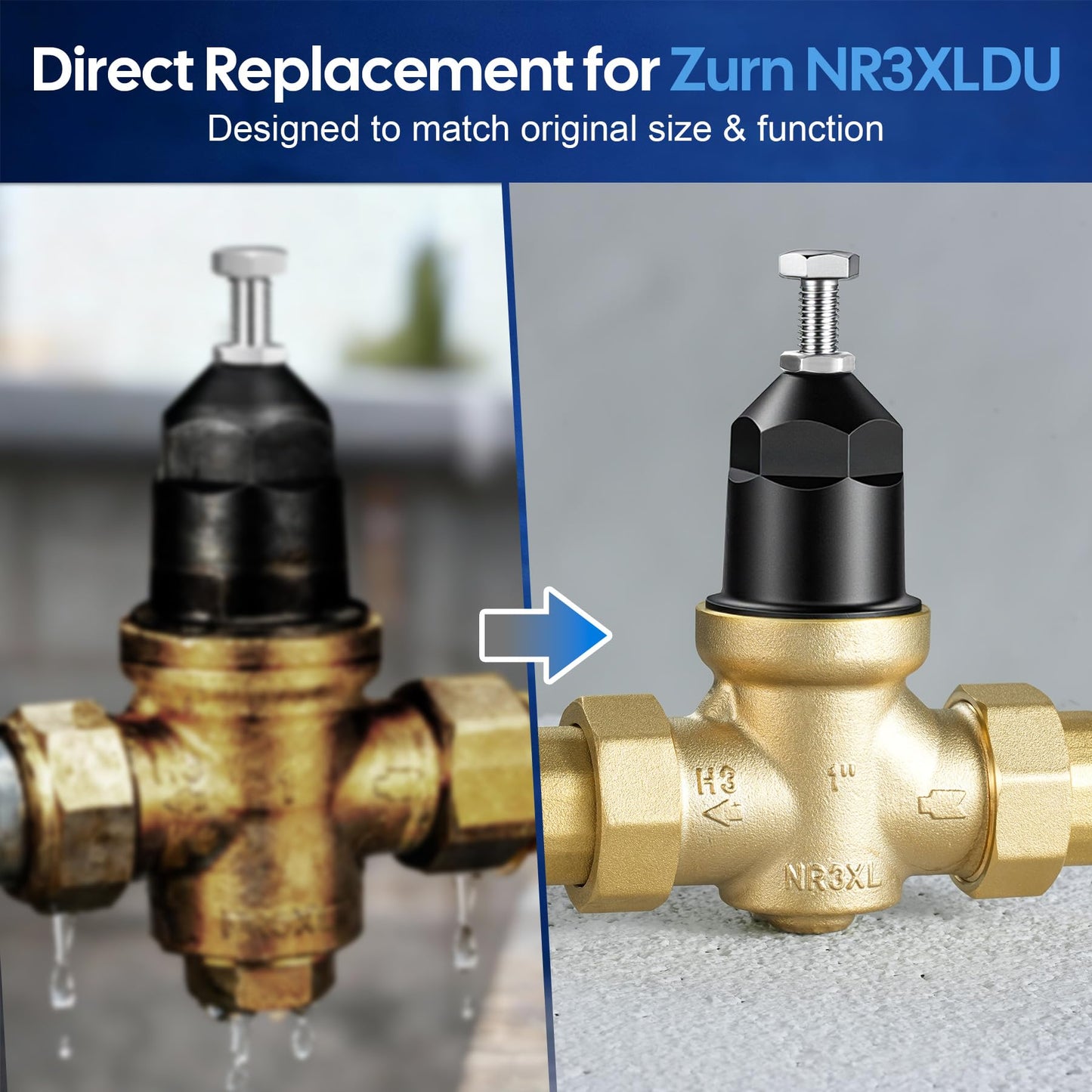 1-NR3XLDU 1" Pressure Reducing Valve with Double Union FNPT Connection Replace Zurn Wilkins Water Pressure Regulator for Home, Adjustable 15–75 PSI for Residential Main Water Lines