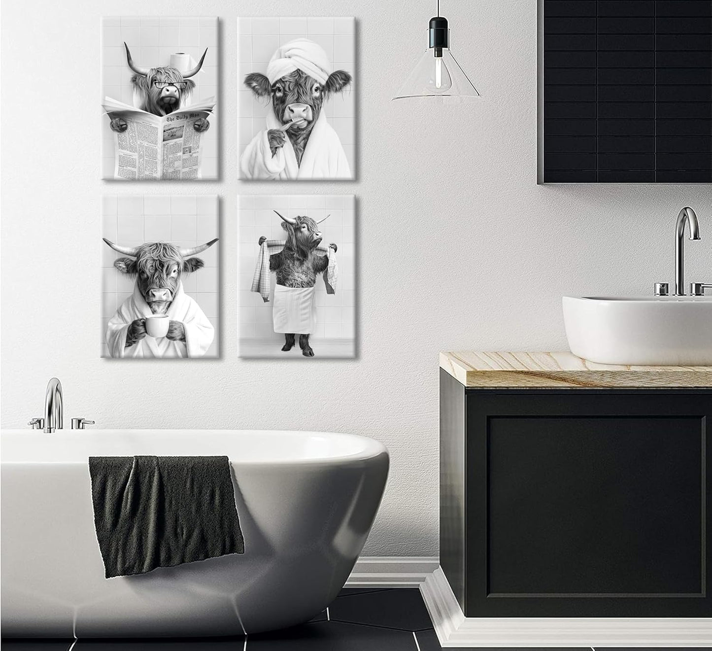 Skiennix Funny Highland Cow Bathroom Wall Art - Rustic Farmhouse Prints Set of 4 | Black & White Decor