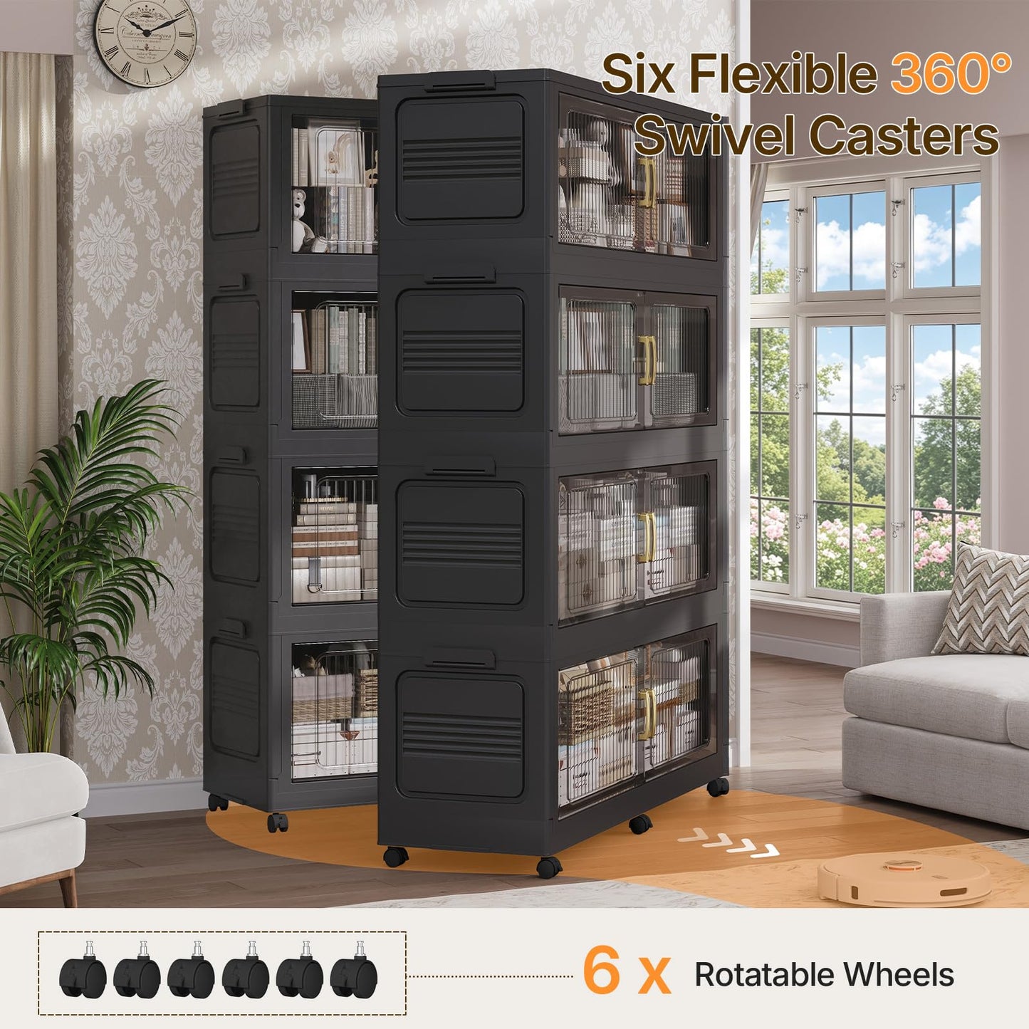 QAVAHIDUS 210Gal Extra Large Stackable Storage Bins with Lid (3-Pack), 840QT Foldable Organizer with Clear Magnetic Doors & Wheels, Plastic Cabinet for Bedroom, Garage, Dorm, Closet, Home, Kitchen