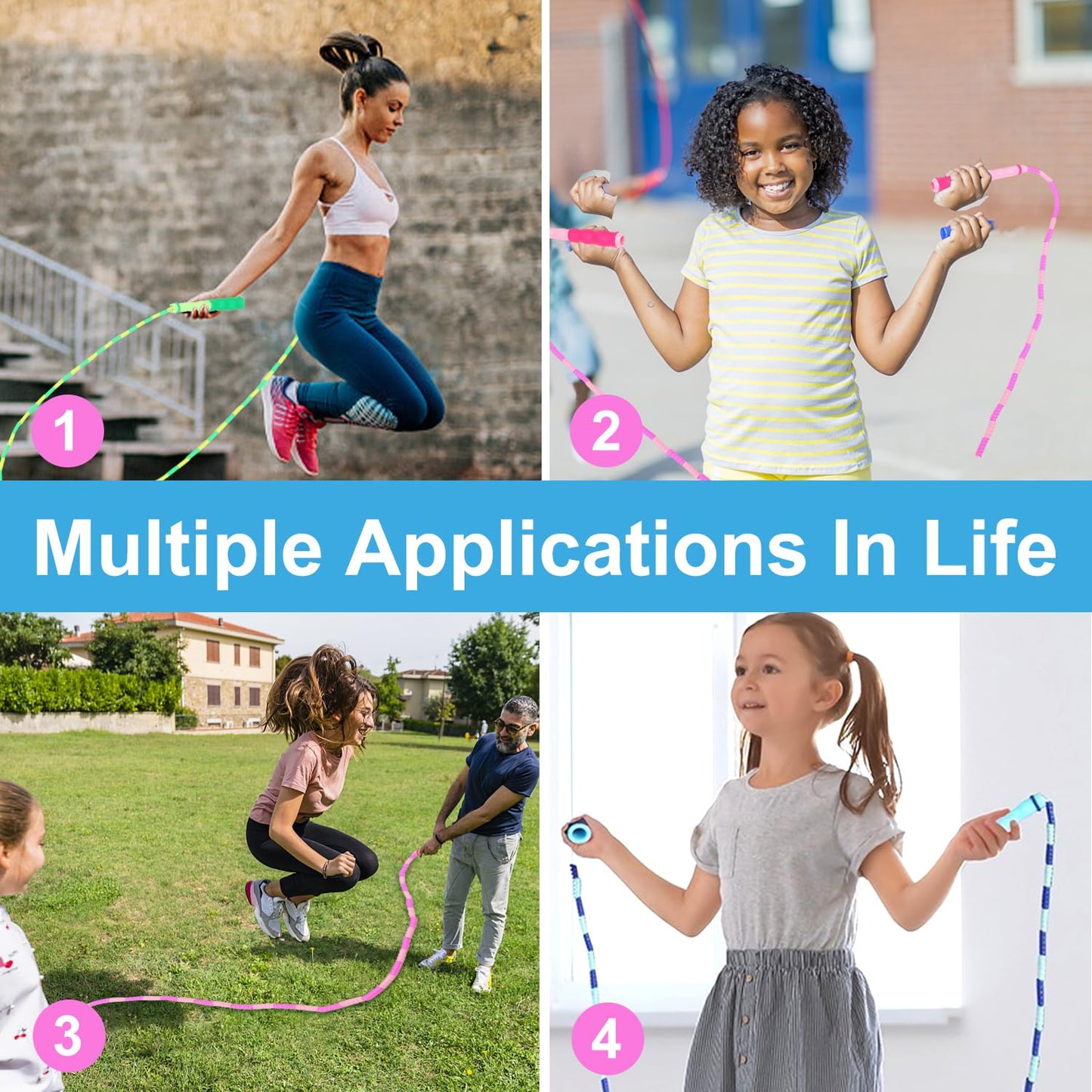GRAWUN Jump Rope For Kids, 3 Pack Soft Beaded Jump Rope, Adjustable Length Tangle-Free Segmented Soft Beaded Skipping Rope, for Women, Men and Kids Keeping Fit, Workout and Weight Loss