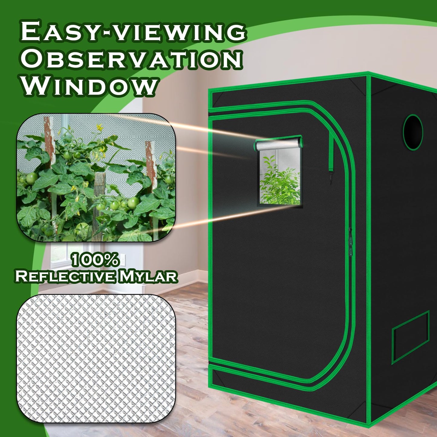 Green Hut 60"x60"x78" 600D Mylar Hydroponic Growing Tents for Plants Inside Reflective Grow Tent Growing Room Hydroponic System 5x5 Grow Tent