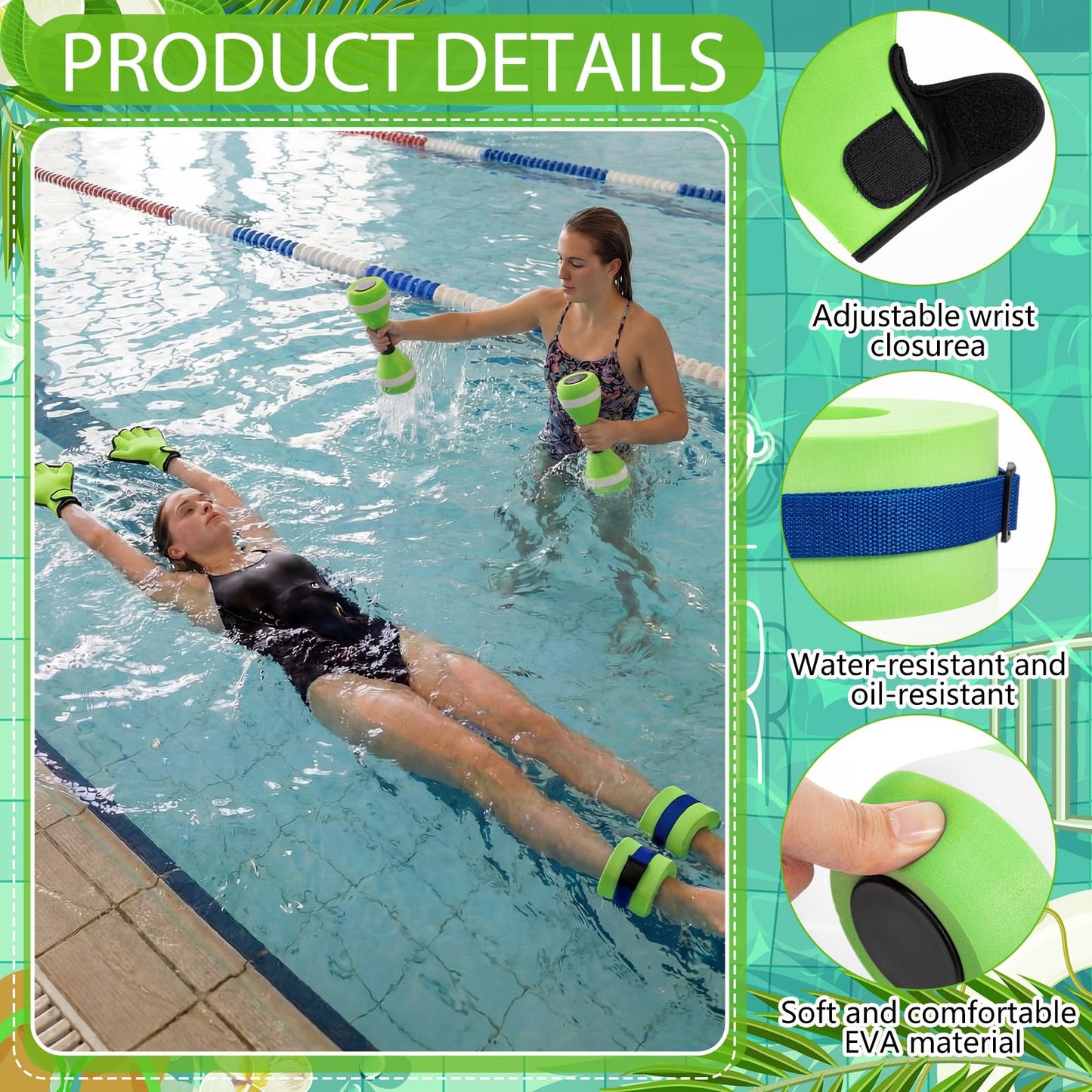 Hungdao Water Aerobics Set for Aquatic Exercise Include Foam Water Dumbbell Swim Aquatic Cuffs Ankle Arm for Sport Swimming Glove Pool Resistance Weights Fitness Equipment for Workout Training (Green)