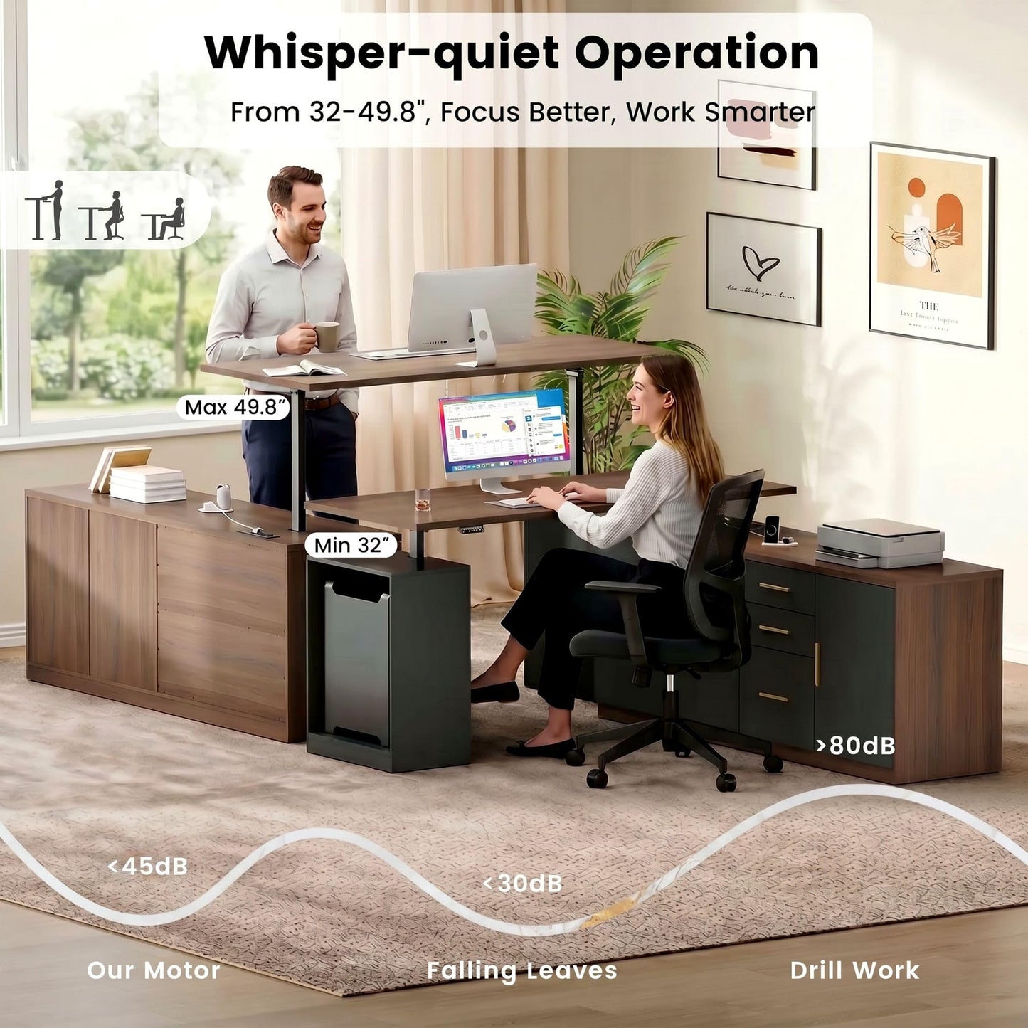 ModernMate L Shaped Electric Standing Desk with Drawers & File Cabinet, 67x60 Corner Executive Workstation, 59" One-Piece Desktop, Height Adjustable with Charging Station for Home Office, Black Walnut