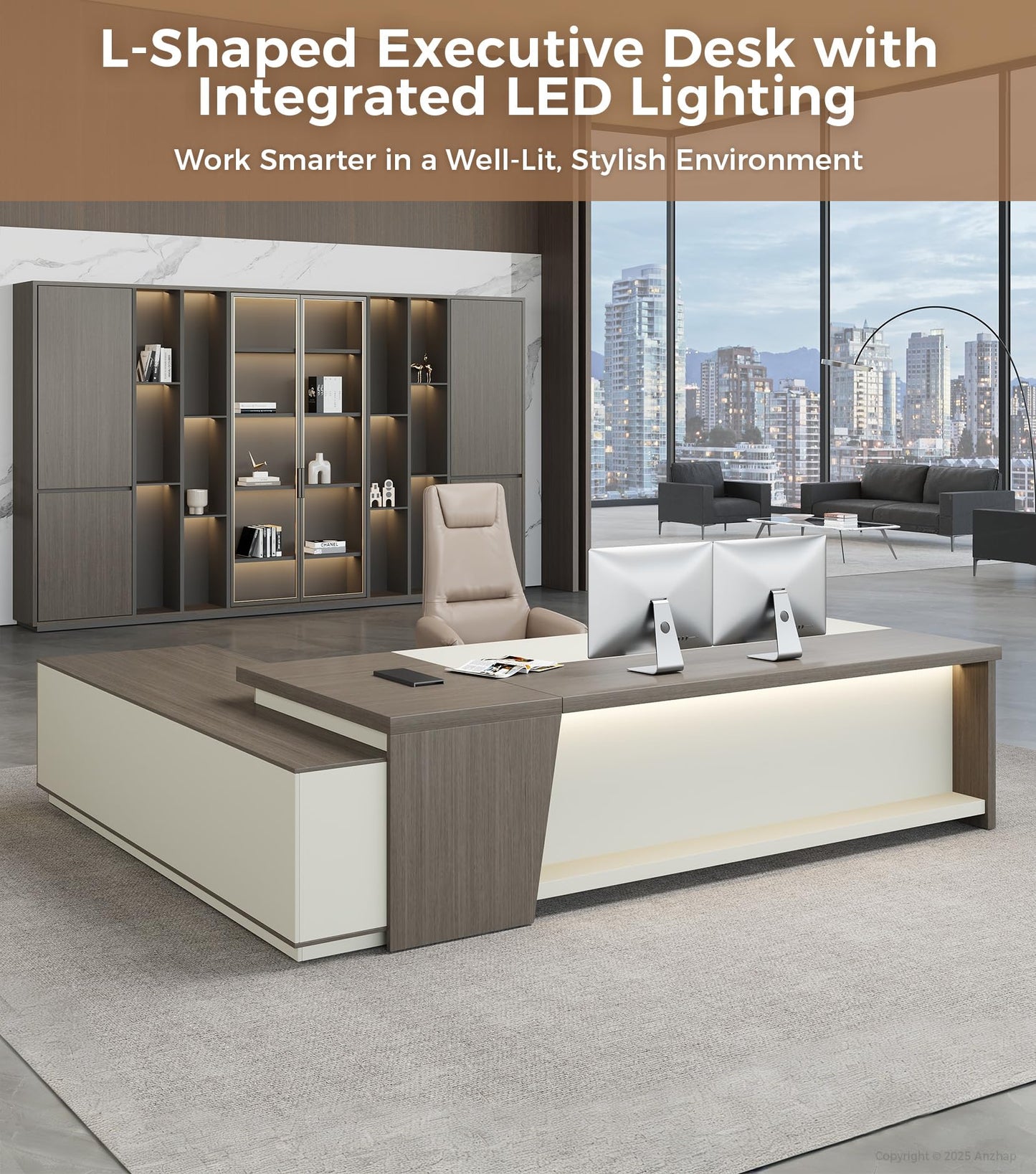 Anzhap 79" L-Shaped Executive Desk with Drawers, Large Modern Office Desk with Storage Shelves, LED Lighting, Built-in Outlet & USB Ports – Home Office Desk (Smoked Oak & Cream White, Right Return)