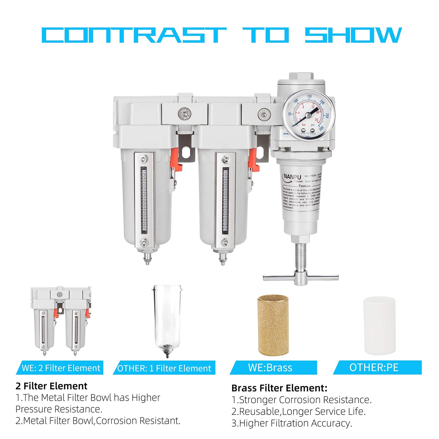 NANPU 3/8" NPT T-Handle High Pressure Air Drying System - Double 5 Micron Particulate Filter & Air Pressure Regulator Piston Combo, Semi-Auto Drain＆Gauge
