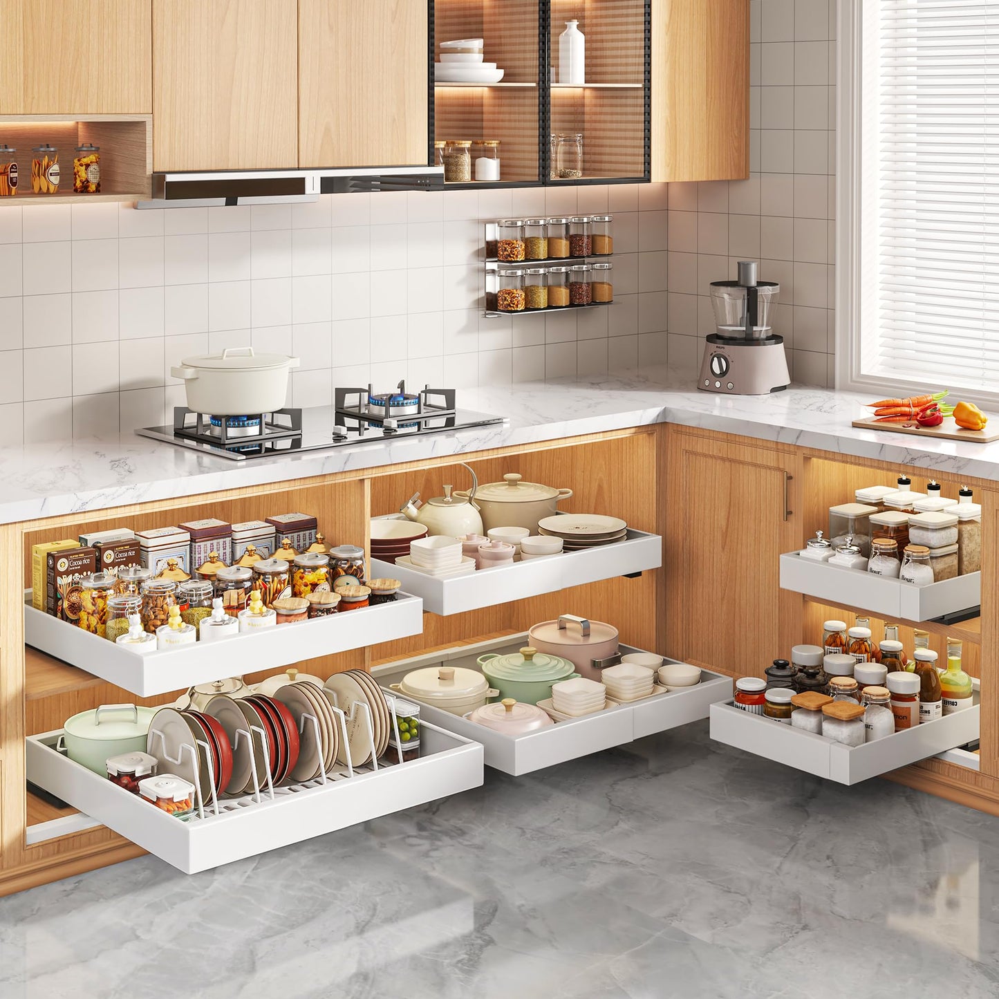 Seinloes 6 Pack Pull Out Cabinet Organizers 21" Deep With Raising Pad for Framed Cabinets, Expandable Slide Out Drawers with 4pcs Divider Racks, Roll Out Shelves, Adjustable Width 12"-20.45" White
