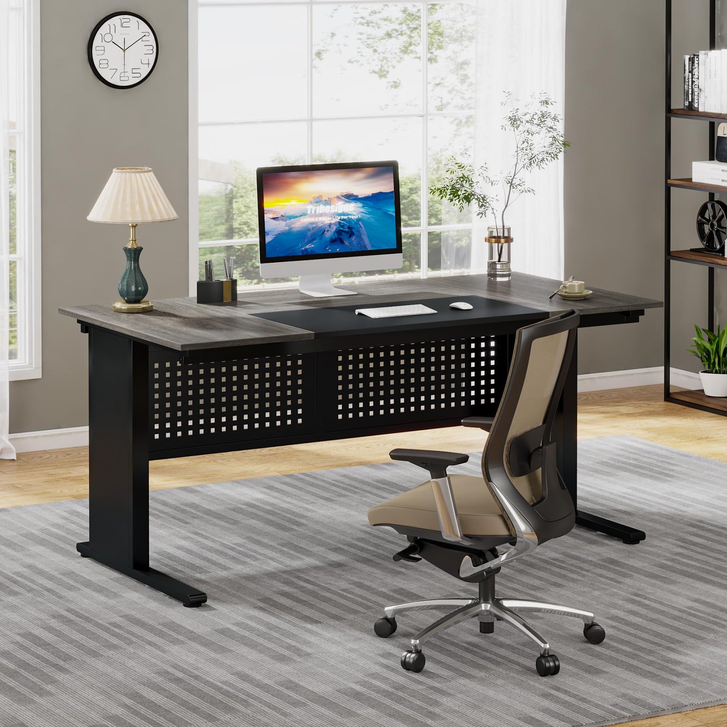 Tribesigns 63 Inch Executive Desk with File Cabinet, L Shaped Office Desk with Drawers and Storage Shelves, Business Furniture Set Workstation for Home Office, Gray and Black