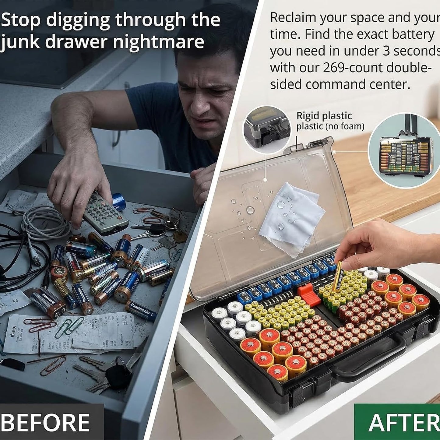 269 4A 9V 3V LR44 CR2 CR123 CR1632 18650 Battery Organizer Storage Case with Tester, Holds Batteries Double Sided Box