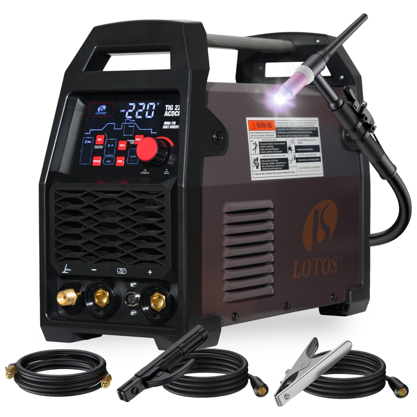 LOTOS TIG220ACDCP 220A AC/DC TIG Welder, Digital Display, 13-in-1, Pulse, Spot, Stick, HF Start, Dual Voltage 110/220V, 3 AC Waves, Aluminum Stainless Steel Welding