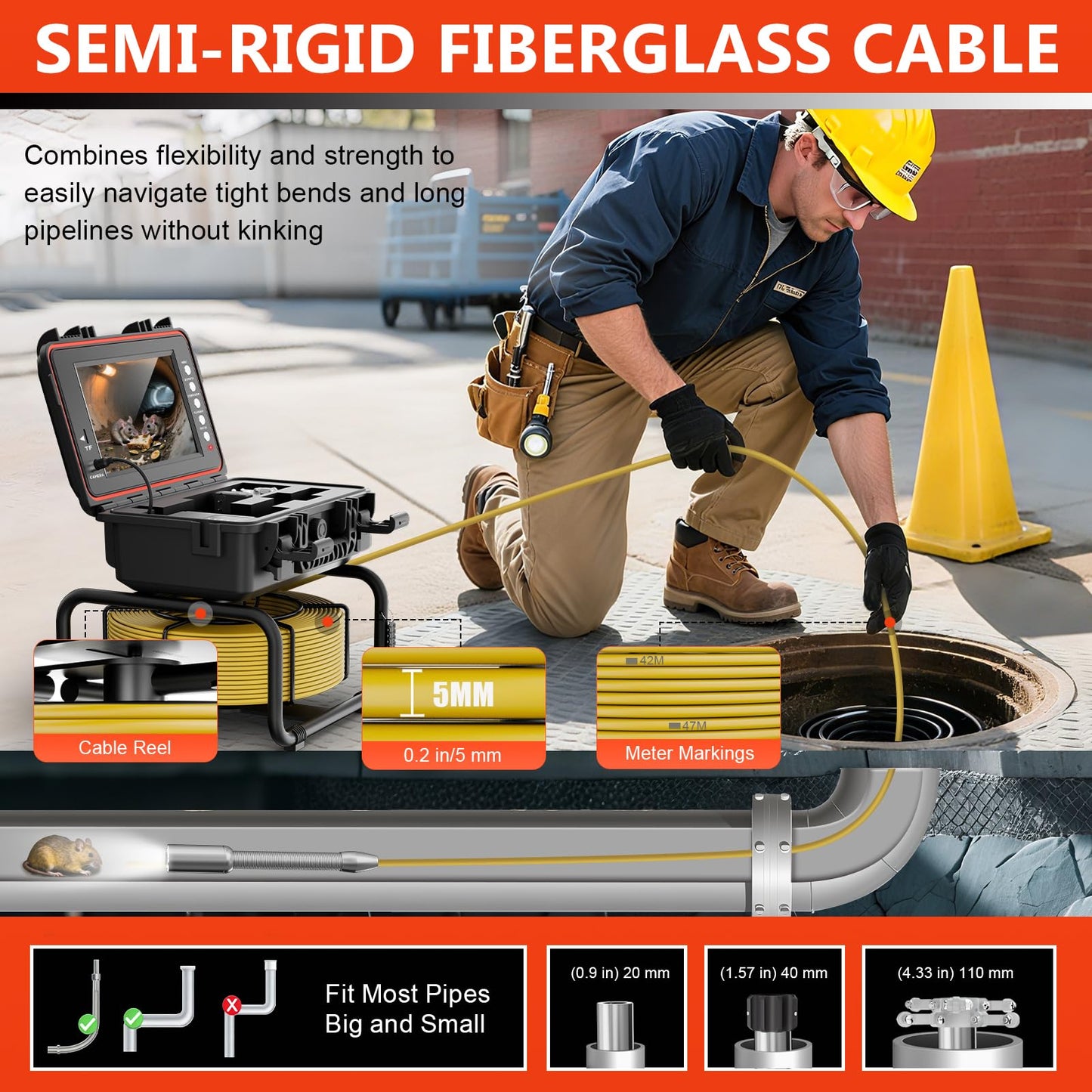 Sewer Camera with 512Hz Transmitter, Self-Leveling Drain Camera 100ft with Meter Counter, 9" HD Plumbing Camera Snake with 12 LED Lights, 5100mAh Battery, IP68 Waterproof, 32GB DVR for Pipe Inspection