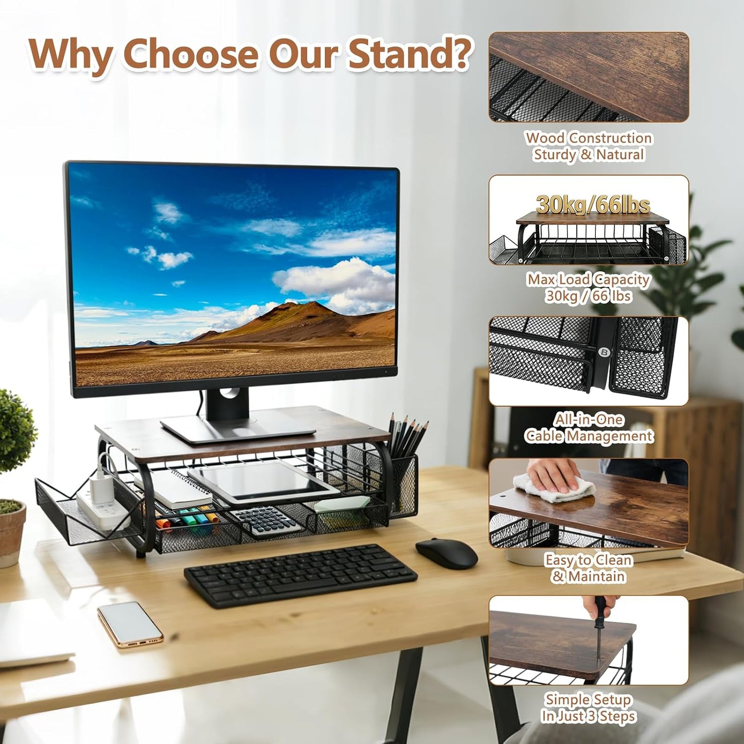 (2-Tier Management,66LBS/30KG, Desk Organizers and Accessories Monitor Riser, Monitor Stand with Drawer Drawers)