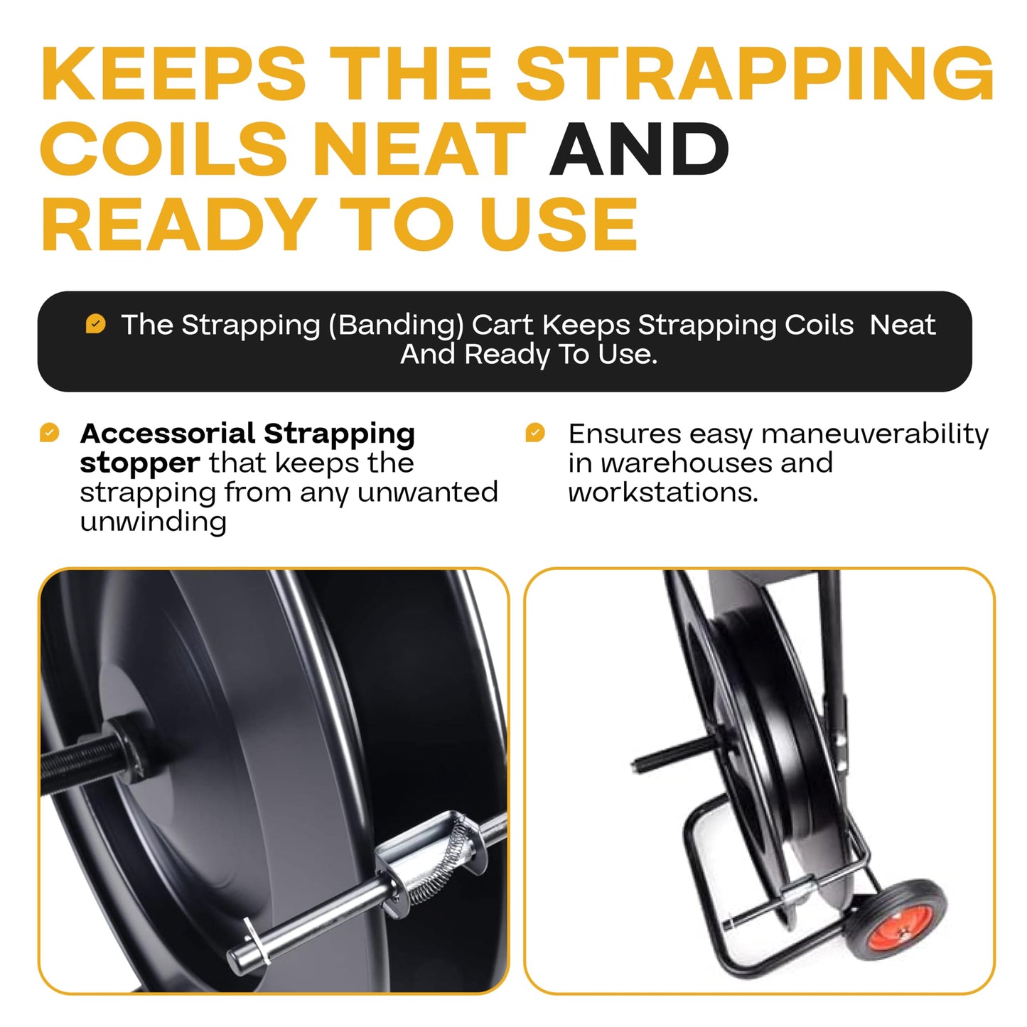 IDL Packaging CA-543 Heavy Duty Strapping Cart/Dispenser for Polyester (PET) Strapping Coils with 16" x 6" or 16" x 3" Core Size — Improved Brake System — Built-in Tray for Tools and Seals