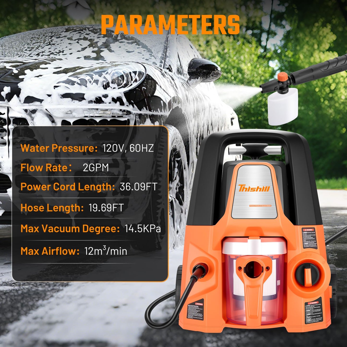 This Hill 4-in-1 Pressure Washer and Wet/Dry Vacuum, 2800 PSI Max 1.7 GPM Electric Power Washer, 1400W Multi-Function Cleaner with Blower and Foam Cannon for Cars, Patio, Garage and Home Cleaning