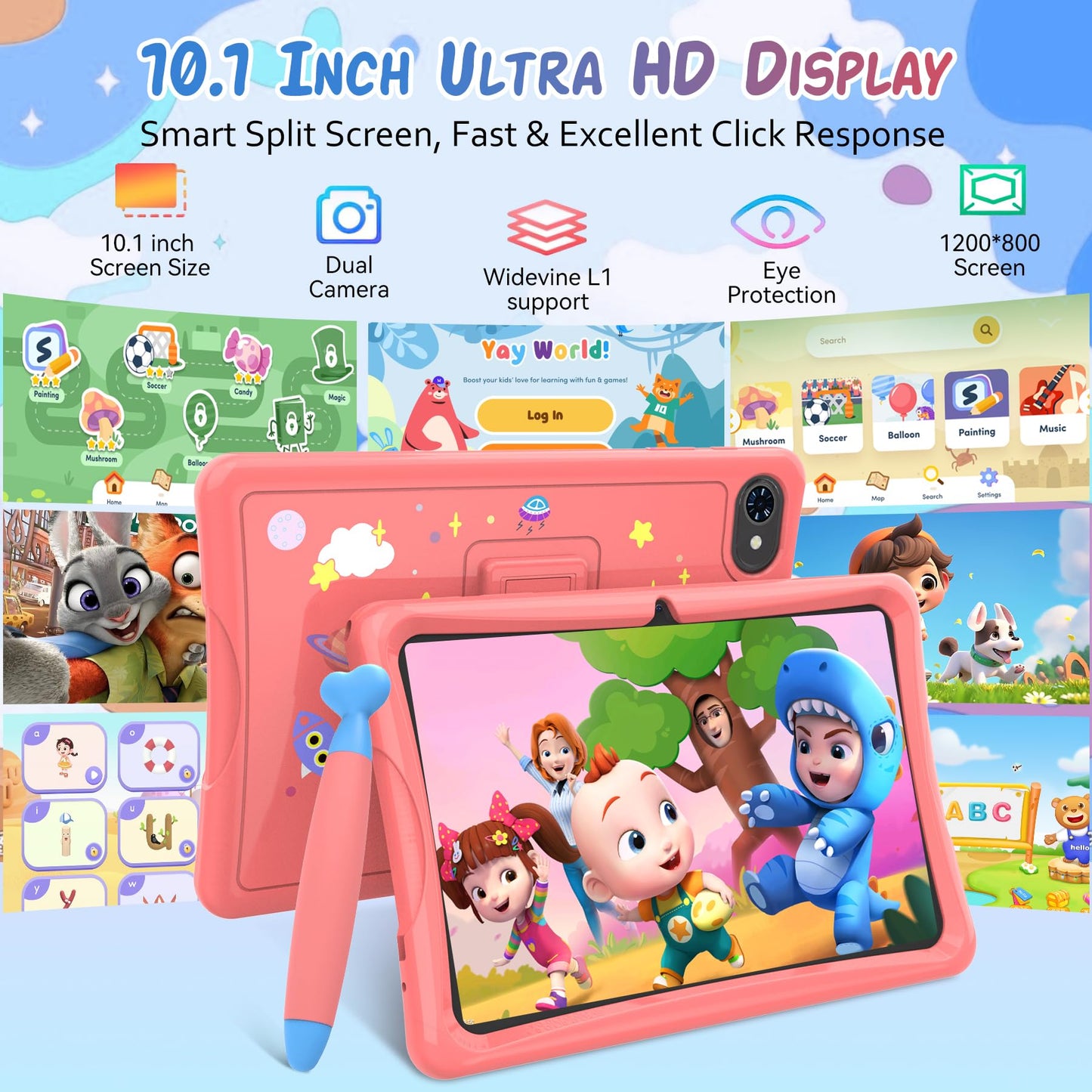 2026 Upgraded TABWEE Kids Tablet 10 Inch, Latest Android 15 Tablet for Kids Ages 6-12, 12GB RAM 64GB ROM (Expandable 2TB), HD Eye-Care Display, Parental Control, WiFi, Kid-Proof Case & Stylus Included