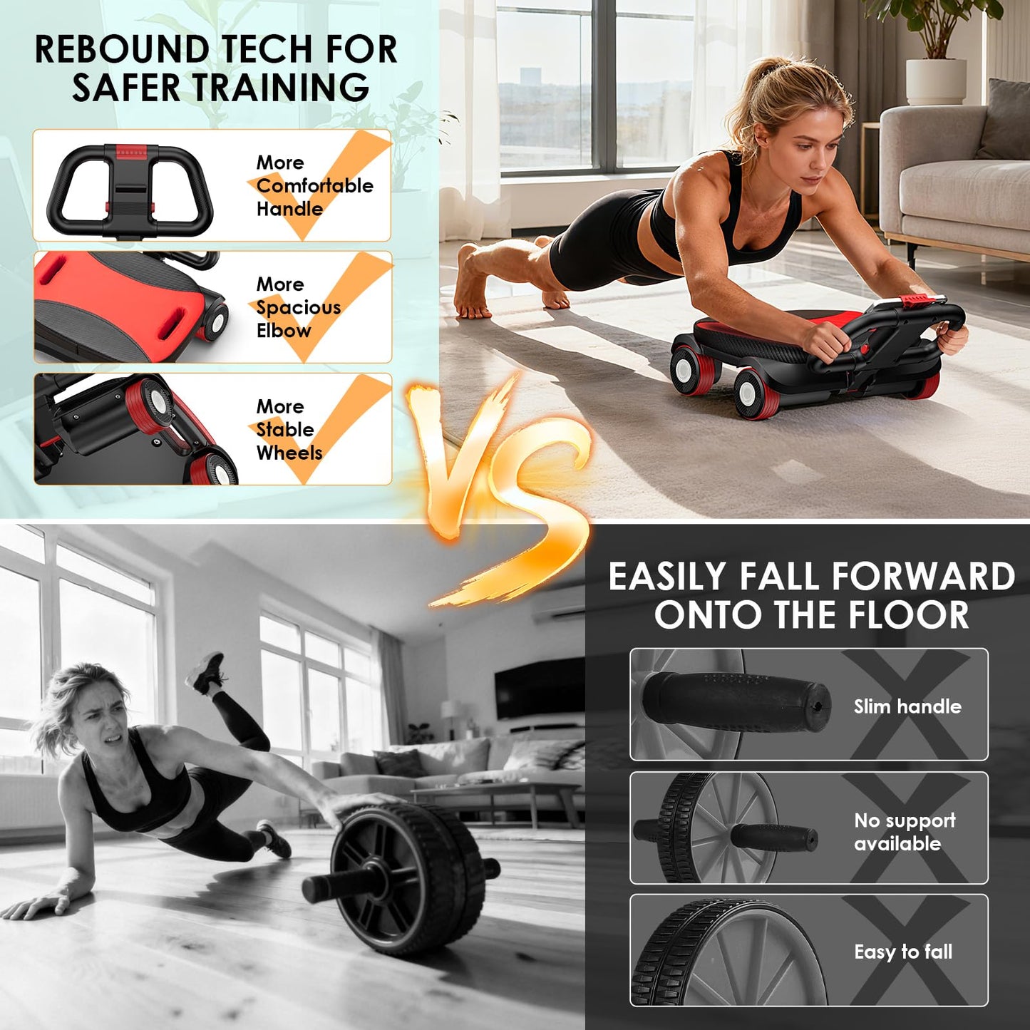 FIAMERMOR 2026 ab roller wheel - 4 wheel elbow support abdominal wheel automatic rebound abdominal fat burning weight loss core training equipment home/gym