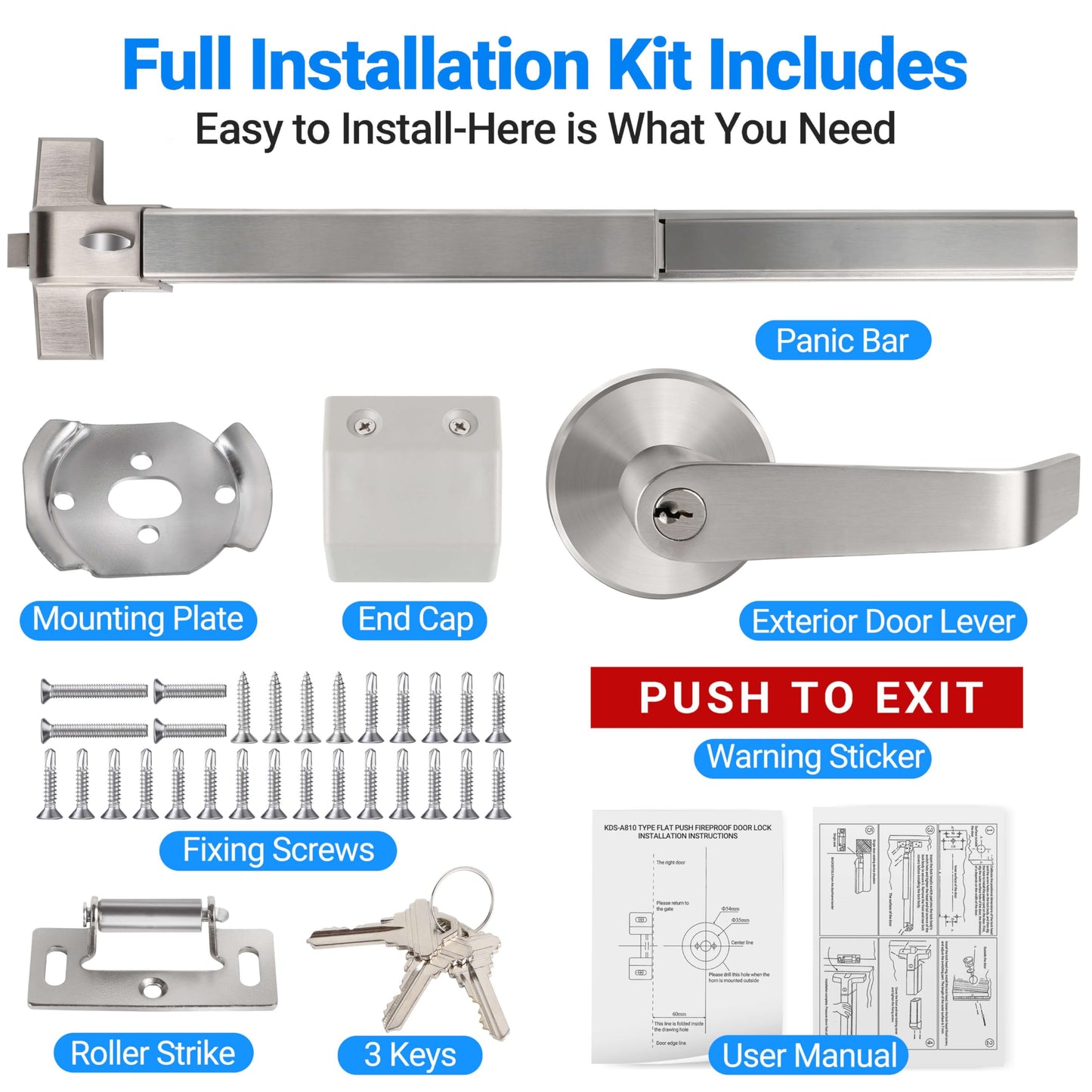 Polar Tangro Commercial Door Push Panic Bar, SS304 Panic Bars with Exterior Lever Handle, 38’’ Exit Device with 3 Keys for Emergency Exit, Suitable for Metal, Wood, and Left/Right Handed Doors