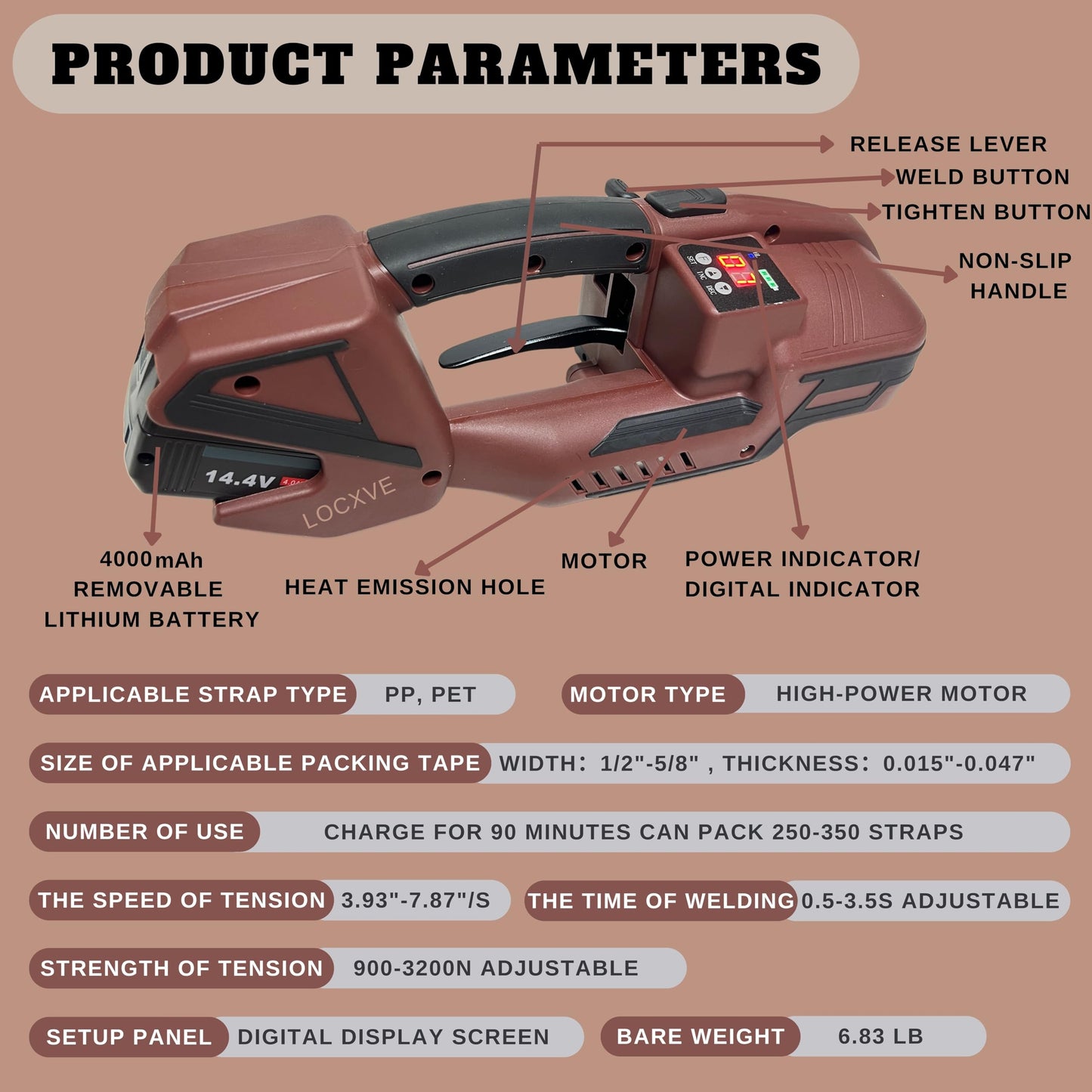 Electric Strapping Packaging Machine with LCD Screen Automatic 2 x 4000mah Battery Powered Portable Handheld Strap Tool for 1/2-5/8 in PP PET Straps Banding Box Pallet by LOCXVE