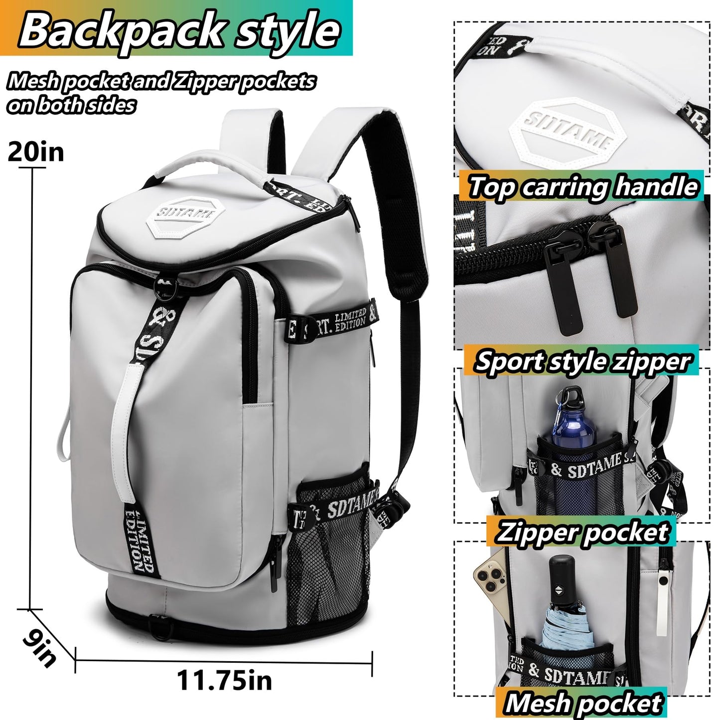 Gym Duffle Bag Backpack with Shoe Compartment,4 ways Travel Backpack for Women and Men,Multi-Functional bag with Waterproof Layer&Laptop Compartment for Fitness, Travel,Camping(Grey)