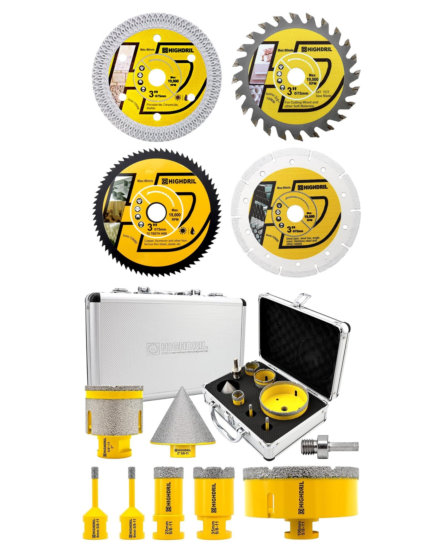 HIGHDRIL 3" 75mm Circular Saw Blade Set 4pcs and HIGHDRIL Diamond Drill Bits Kit