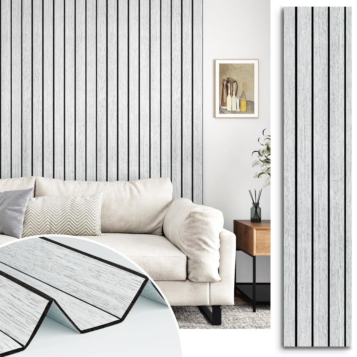 STICKEEP White/Grey 3D Wood Slat Panels for Walls Peel and Stick PVC Slat Wall Paneling Soundproof Self Adhesive Faux Wooden Slatted Panel for Wall Decor Interior Living Room Bedroom 118"x 11.8"
