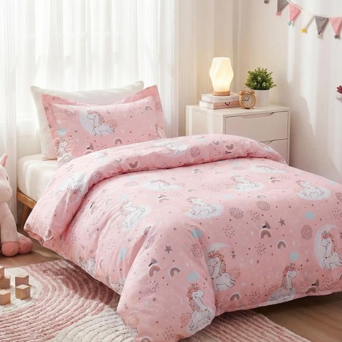 JSD Pink Unicorn Kids Duvet Cover Set Twin Size, 2 Piece Girls Print Microfiber Comforter Cover with Pillow Sham Zipper Closure, Comforter Not Included