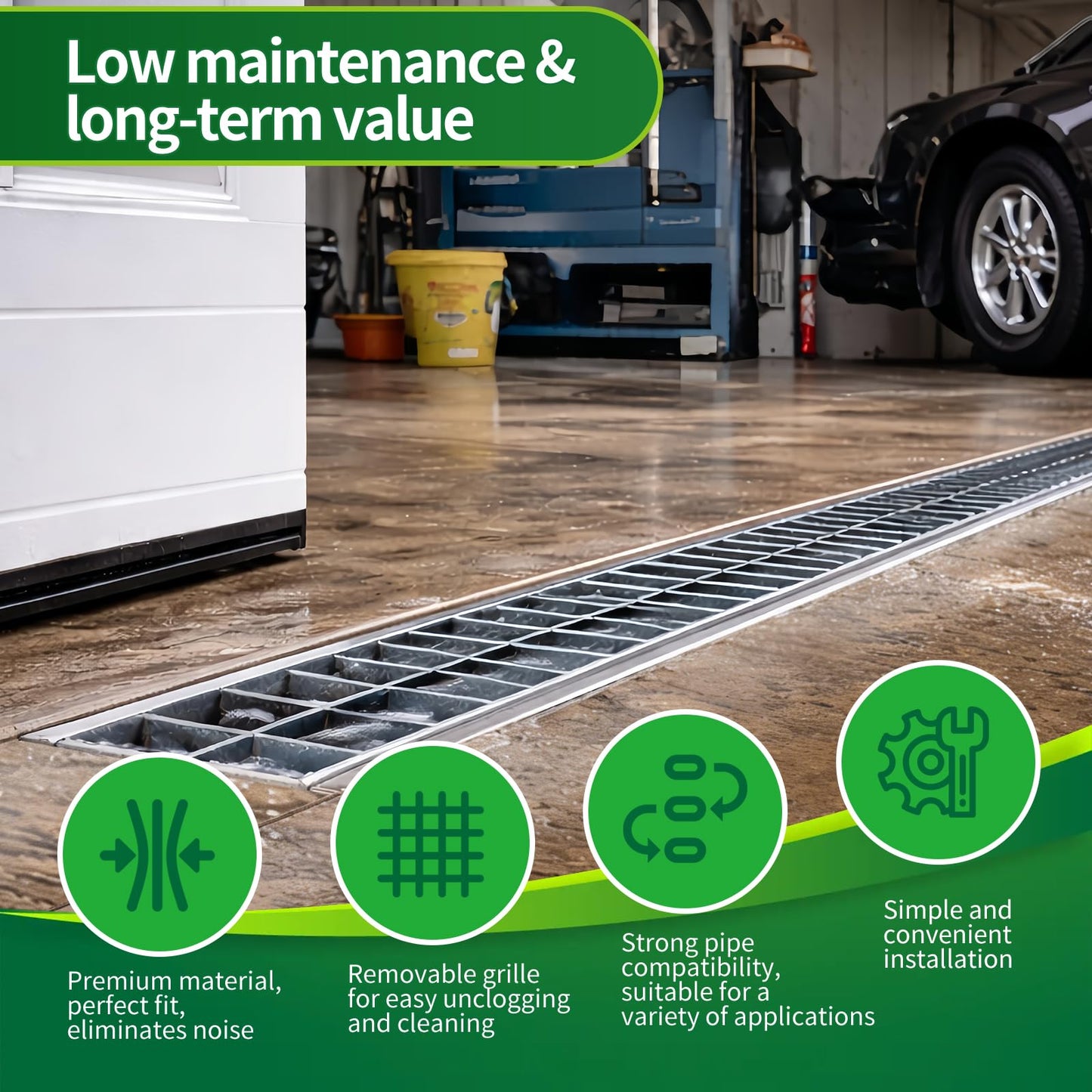 304 Stainless Steel Channel Drain with Galvanized Steel Drain Grate, Heavy-Duty B125 39.4×5.9×5.5in Trench Drain System for 3”Pipe, Channel Drain Kit for Driveway, Outdoor, Yard,Garage, Parking Lot