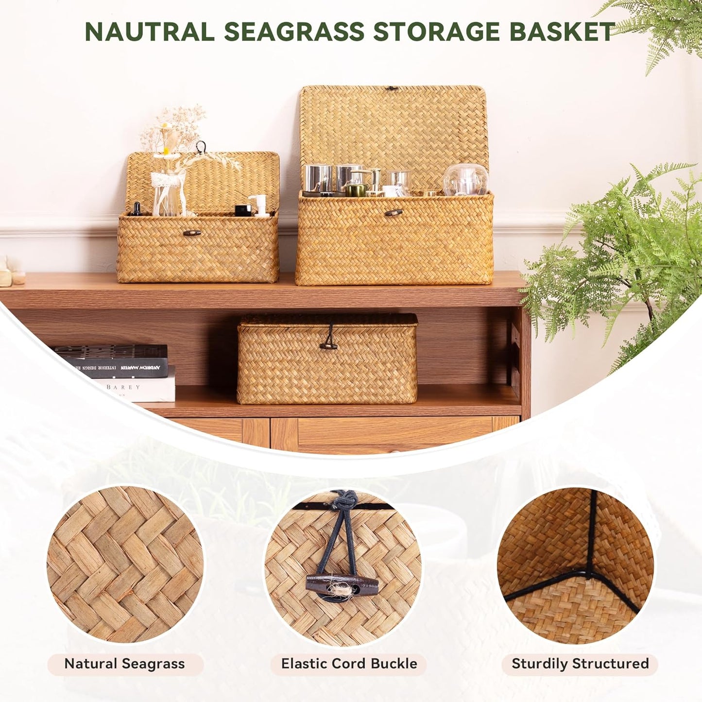 Nonam Storage Basket Set of 3 - Natural Seagrass Bins with Lids for Boho Home Organization