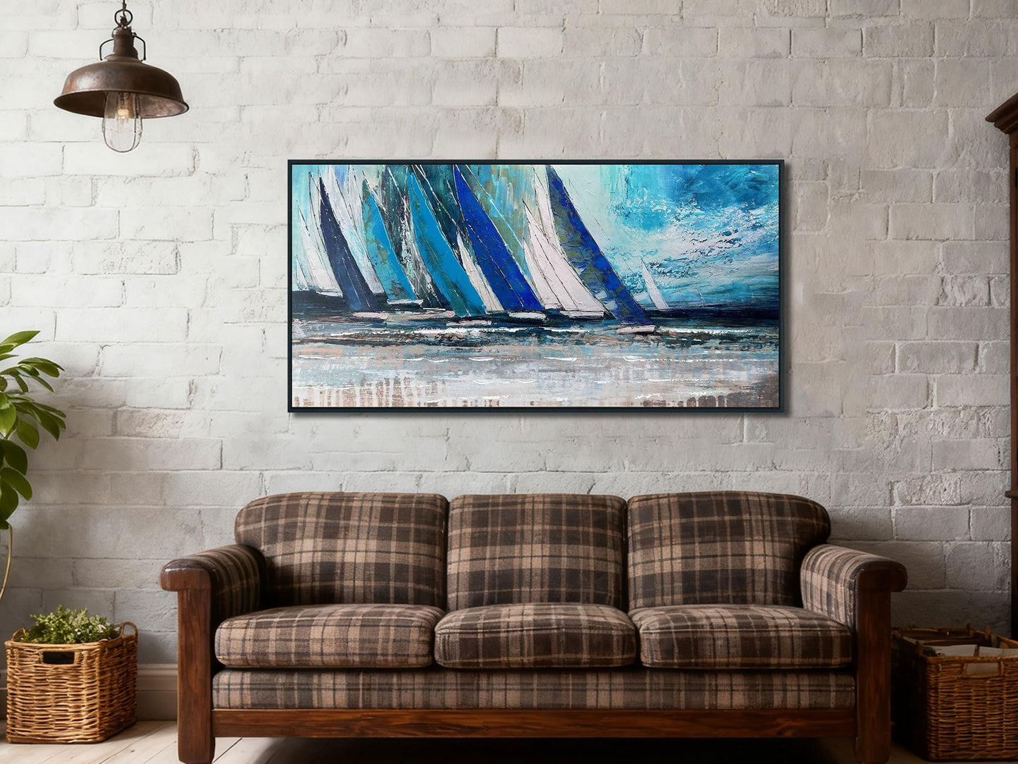 Arjun Framed Wall Art Blue Large Sailboat, Nautical Abstract Canvas Painting for Living Room 40"x20", Teal Coastal Picture Artwork Bedroom Home Office Wall Decor