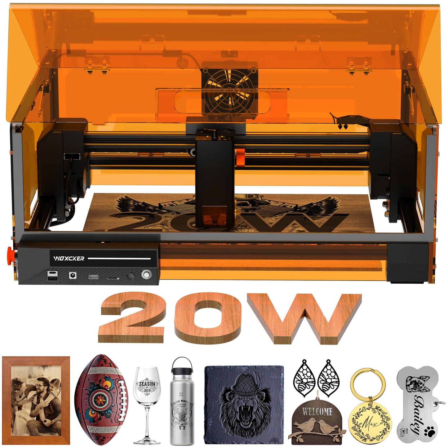 Laser Cutter and Engraver Machine, 20W Woxcker L2 MAX 0.01 High Precision 300x300mm Bed Size Laser Engraving Machine for Wood Metal Glass Leather Acrylic Class 1 laser Output: 20000 mW