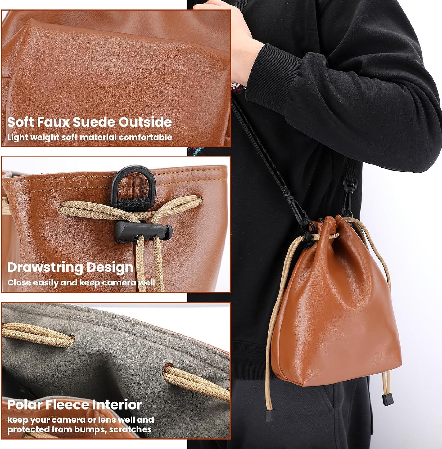 Gabrella Drawstring Camera Bag, Brown Leather Camera Bag with Protective Interior, Comfortable Travel Camera Storage